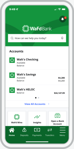 WaFd Bank mobile app dashboard