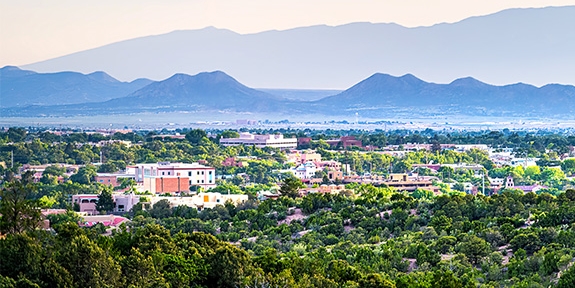 Sante Fe, New Mexico, with the Sangre de Cristo mountains in the background.