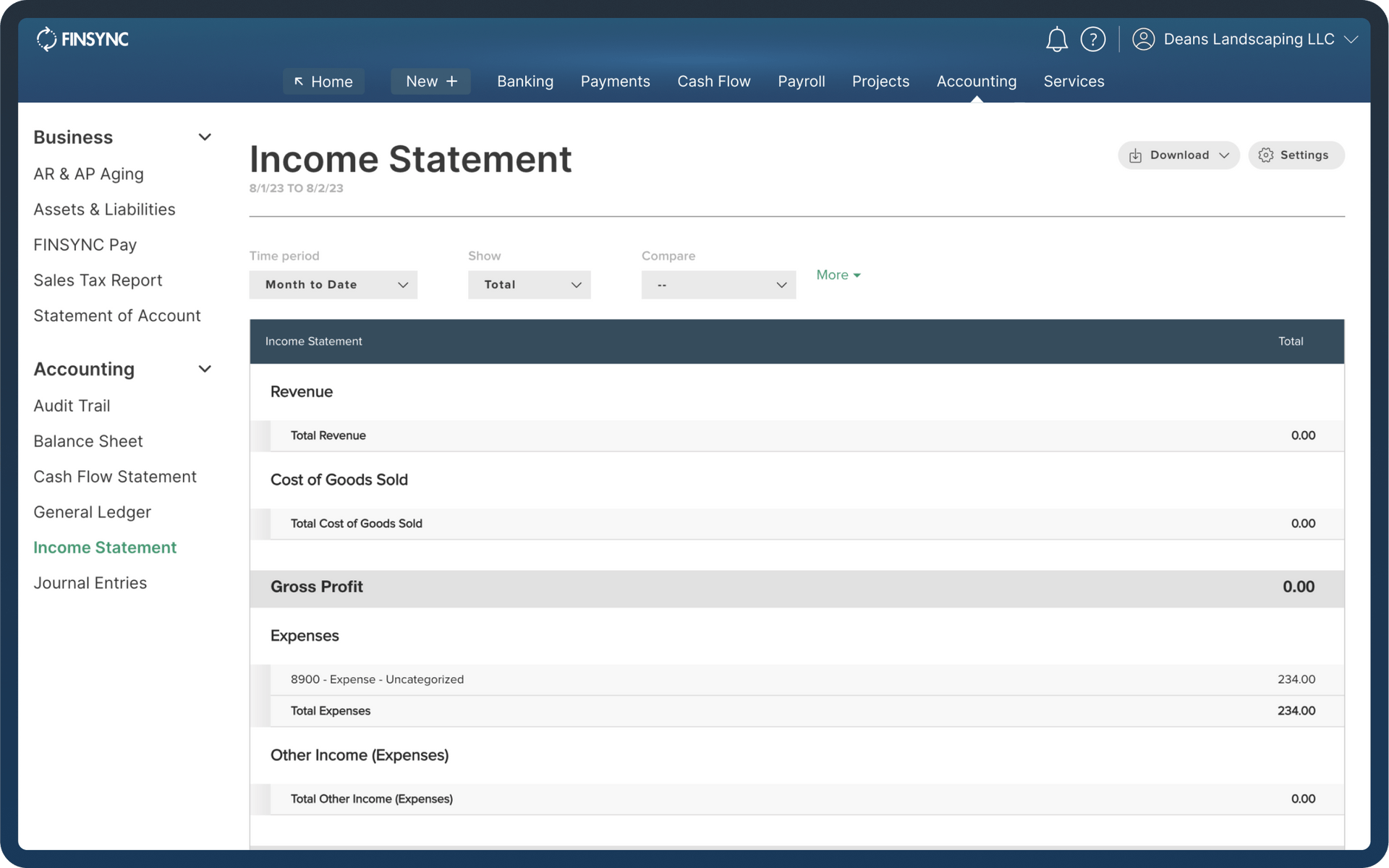 Finsync accounting services dashboard
