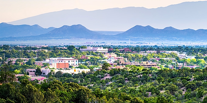 Sante Fe, New Mexico, with the Sangre de Cristo mountains in the background.
