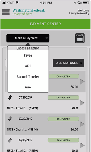 A screenshot of the WAFD Treasury Mobile App showing how to quickly make a payment