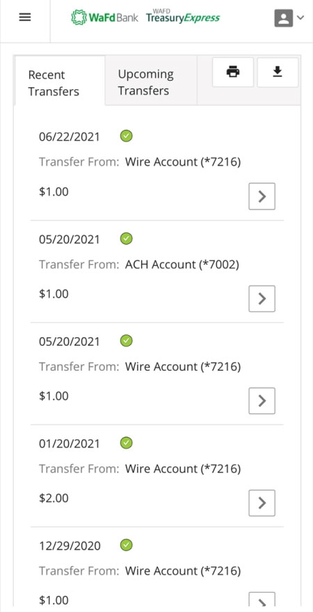 WAFD Treasury Express App Screen