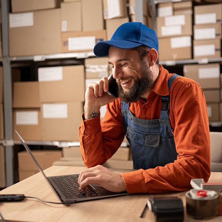 A smiling warehouse worker in a blue cap and orange shirt talks on a cell phone while using a laptop at a desk surrounded by cardboard boxes.