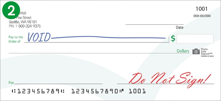 Illustration of check with void written and do not sign highlighted.