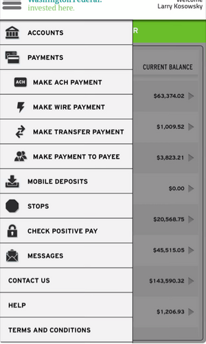 A screenshot of the WAFD Treasury Mobile App with open menu for accounts, payments, mobile deposits and more