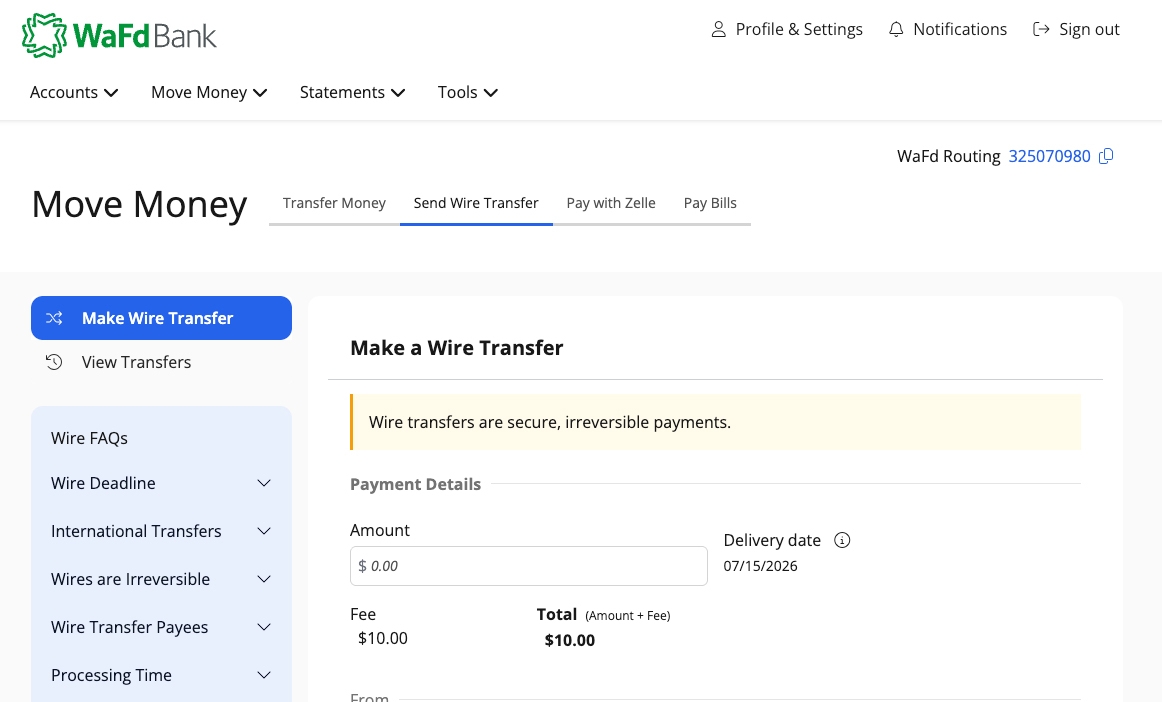 Online wire transfer steps 3 to 5.