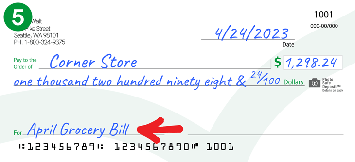 Image showing "April grocery bill" added to the memo section of a check