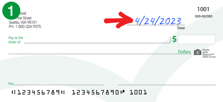 Image showing "4/24/2023" added to the date section of a check