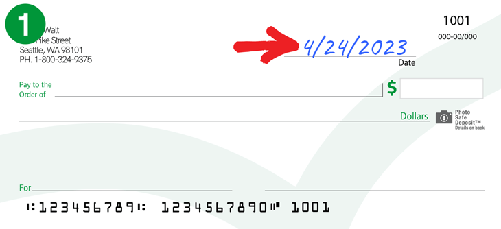 Image showing "4/24/2023" added to the date section of a check.