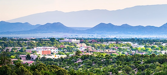 Sante Fe, New Mexico, with the Sangre de Cristo mountains in the background.
