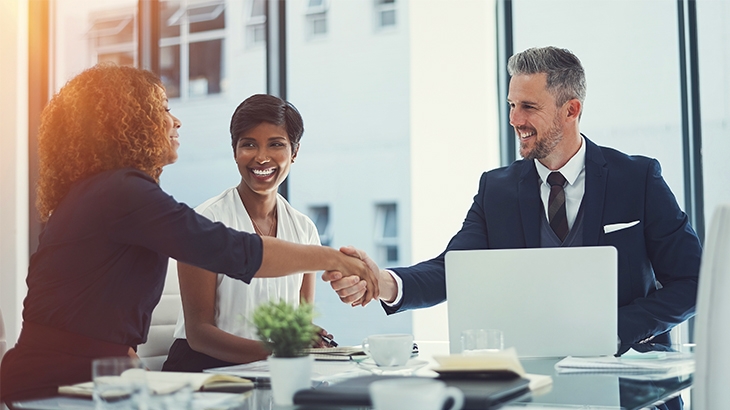 Smiling business people shaking hands.