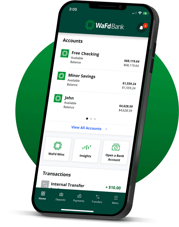 WaFd Bank Mobile App home screen